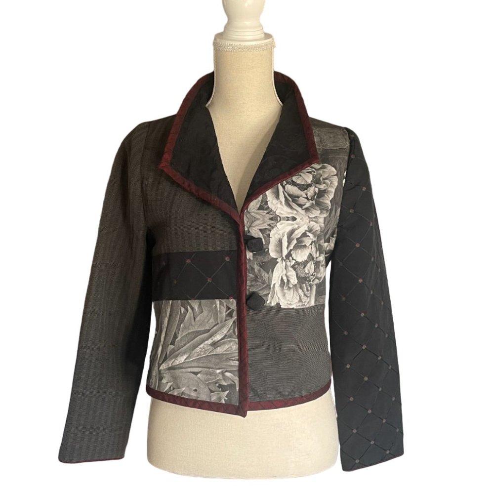Mary Lynn O'Shea hand-woven Jacket P XS black gray floral Tapestry Vermont art
